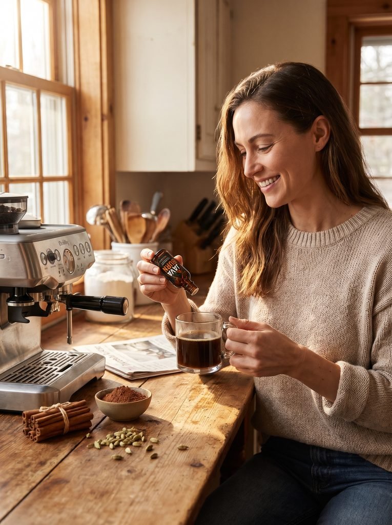 Morning lifestyle scene of a smiling woman at a kitchen counter with cinnamon sticks, cacao, and cardamom beside an espresso machine. She holds a clear glass coffee mug in one hand and an amber liquid dropper bottle in the other.