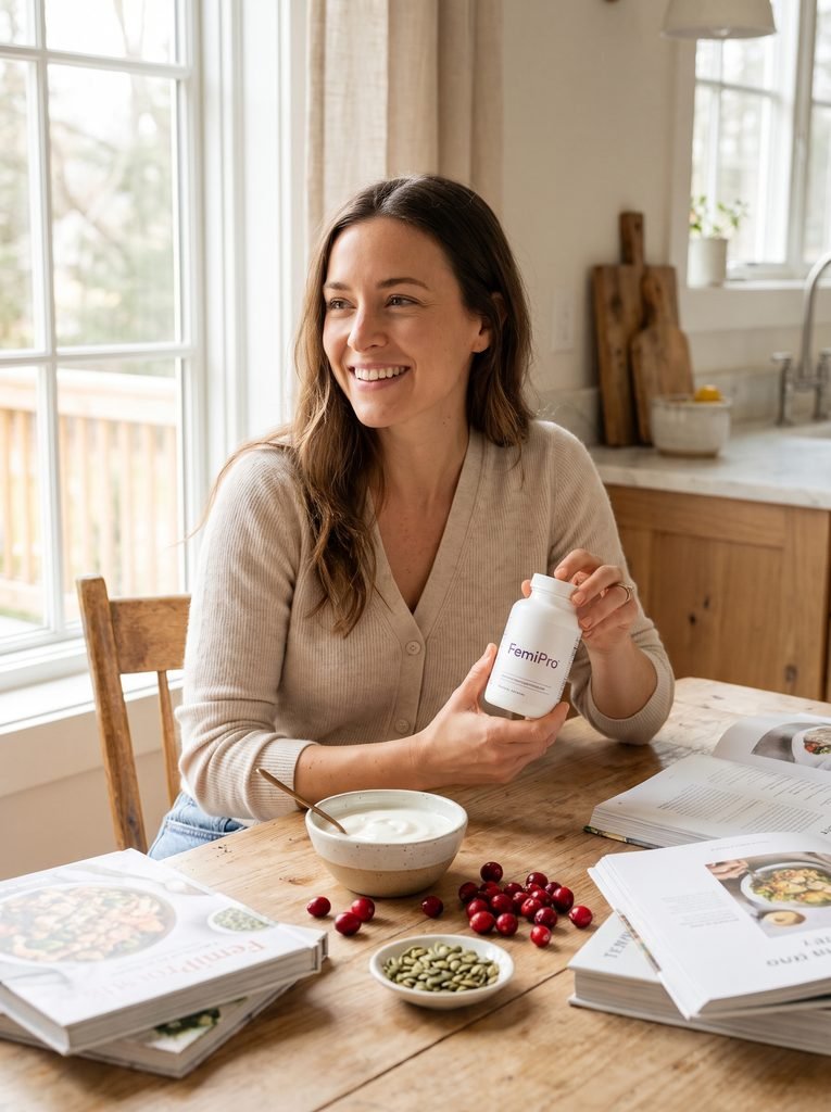 Warm lifestyle photograph of a woman sitting at a sunlit table arranged with bowls of fresh cranberries, creamy probiotic yogurt, and pumpkin seeds. She holds a clean white supplement bottle with a relaxed, joyful expression.